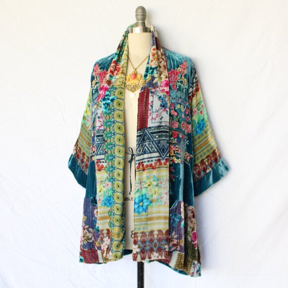 Johnny Was BIYA embroidered silk velvet kimono Haori jacket tunic caftan floral - Picture 3 of 11